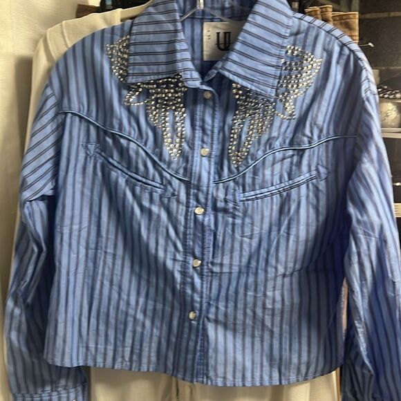 Free People x Understated Leather Embellished Western Striped Button Down NWOT - Picture 4 of 7